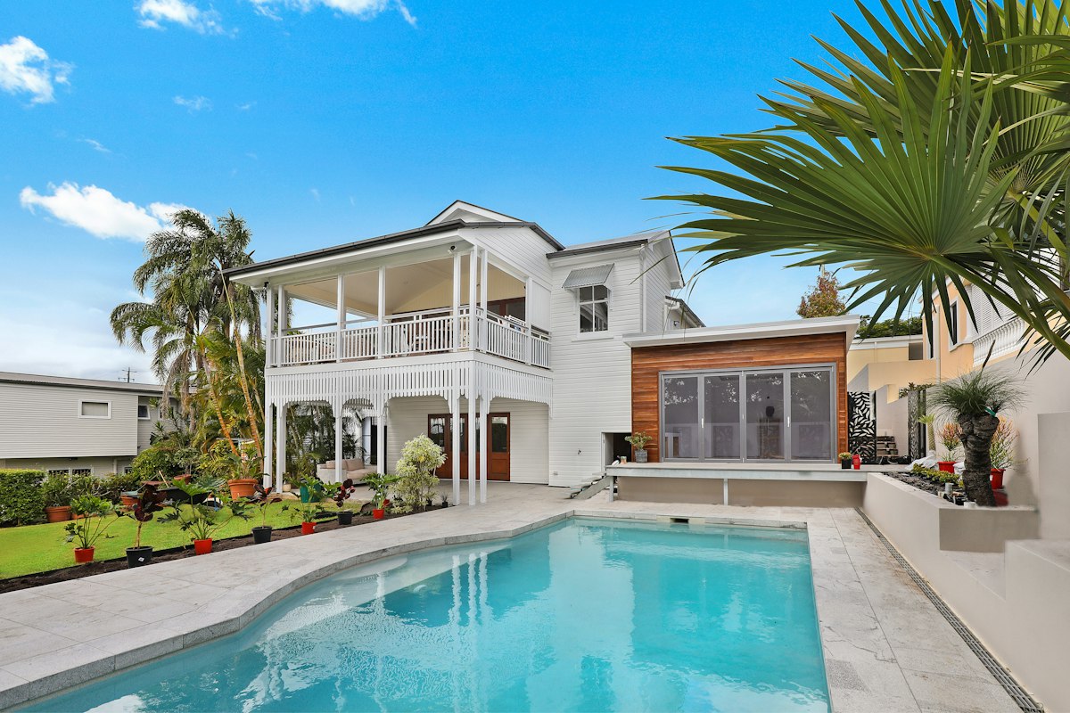 Home with a covered porch and a backyard pool
